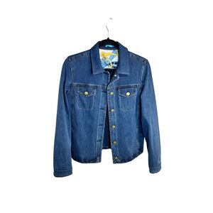 J McLaughlin Women Denim Jacket Blue Gold Button Print Lined Size M
